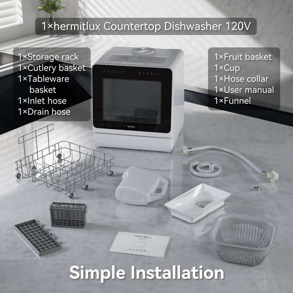 Hermitlux Portable Countertop Dishwasher, 5L Built-In Water Tank, 4 Place Settings - HMX-DW03