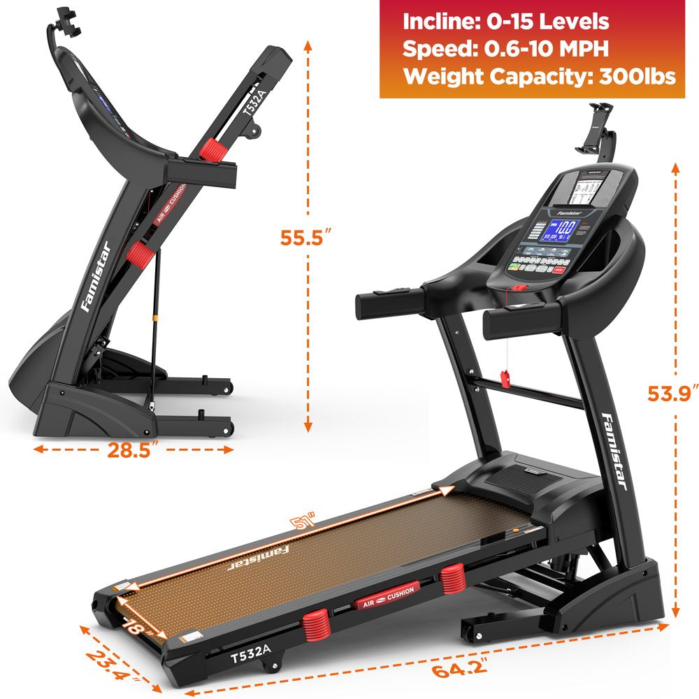 Famistar Folding Treadmill With 15 Levels Auto Incline, 300LB Capacity And 10MPH Speed