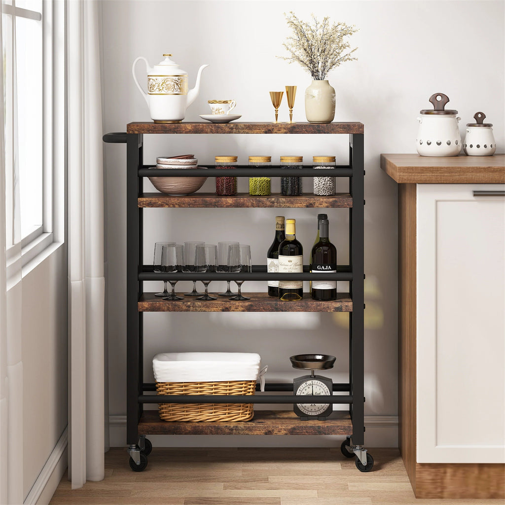 4-Tier Rolling Kitchen Storage Cart, Brown/Black, 19.69in W x 6.3in D x 33.46in H