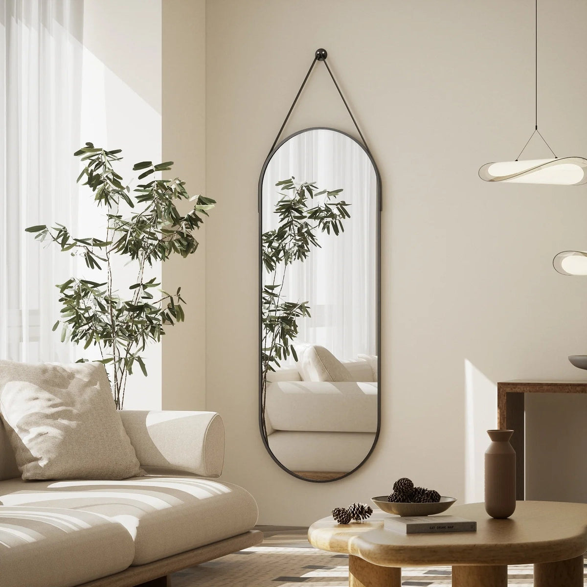 Full Length Wall Mirror, 48 x 16 Inch, Black, Leather Strap