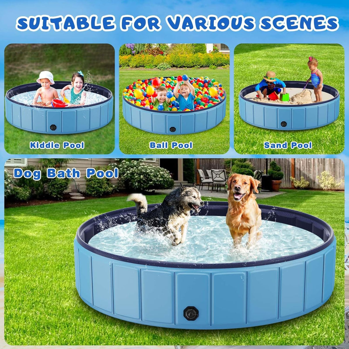 Totiro Foldable Dog Swimming Pool, 120in x 20in, PVC, Blue