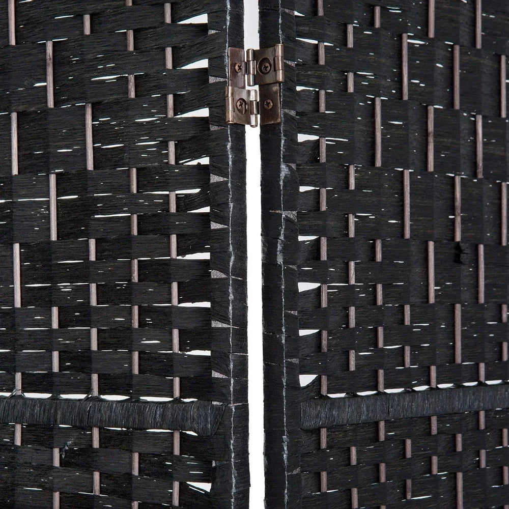 6 Ft Tall Four-Panel Wicker Weave Room Divider, Black Wood Privacy Screen