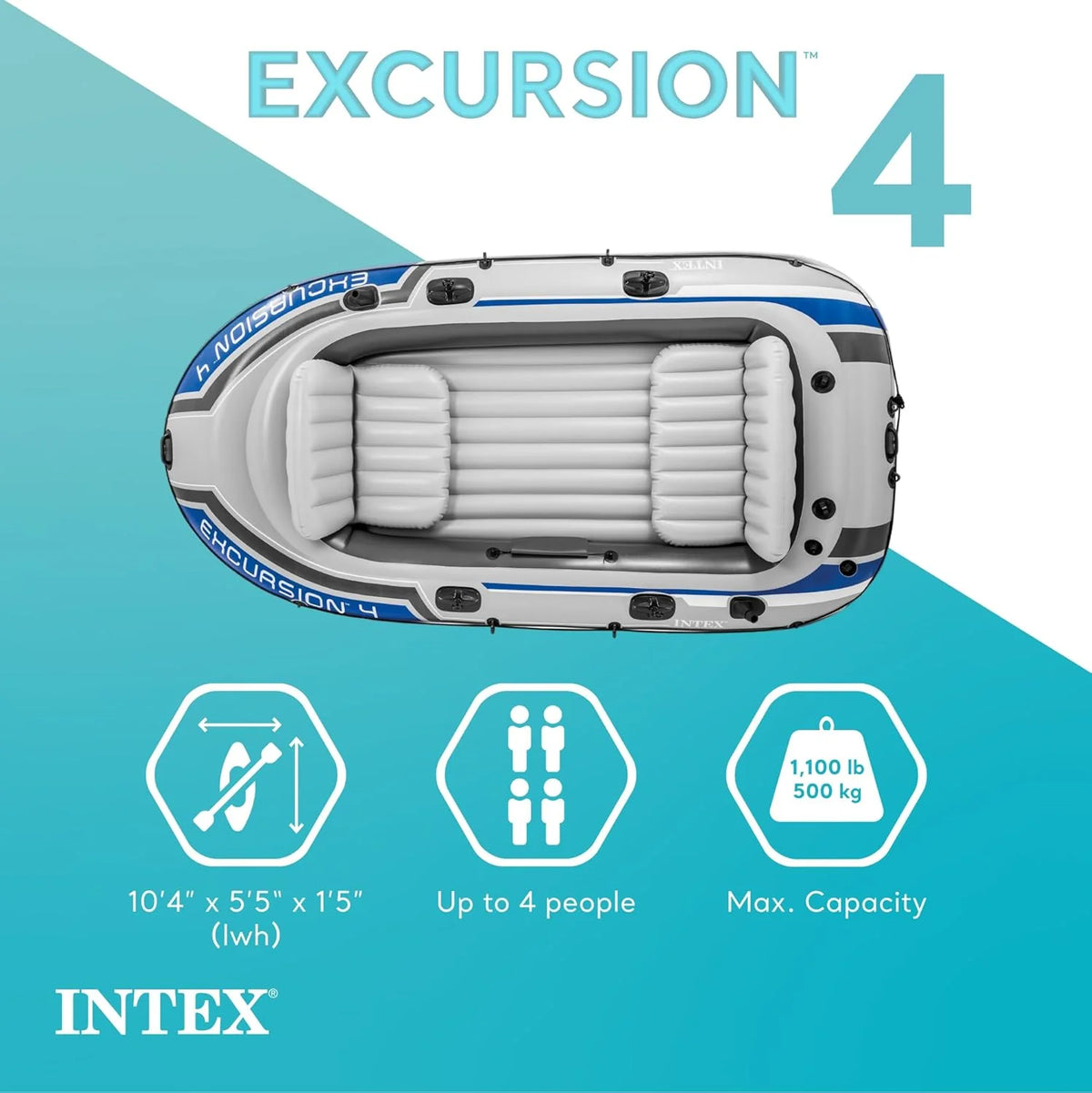 Intex Excursion 5 Inflatable Boat, 5 Person, 12ft x 5ft 6in x 1ft 5in, 54in Oars - Excursion 5
