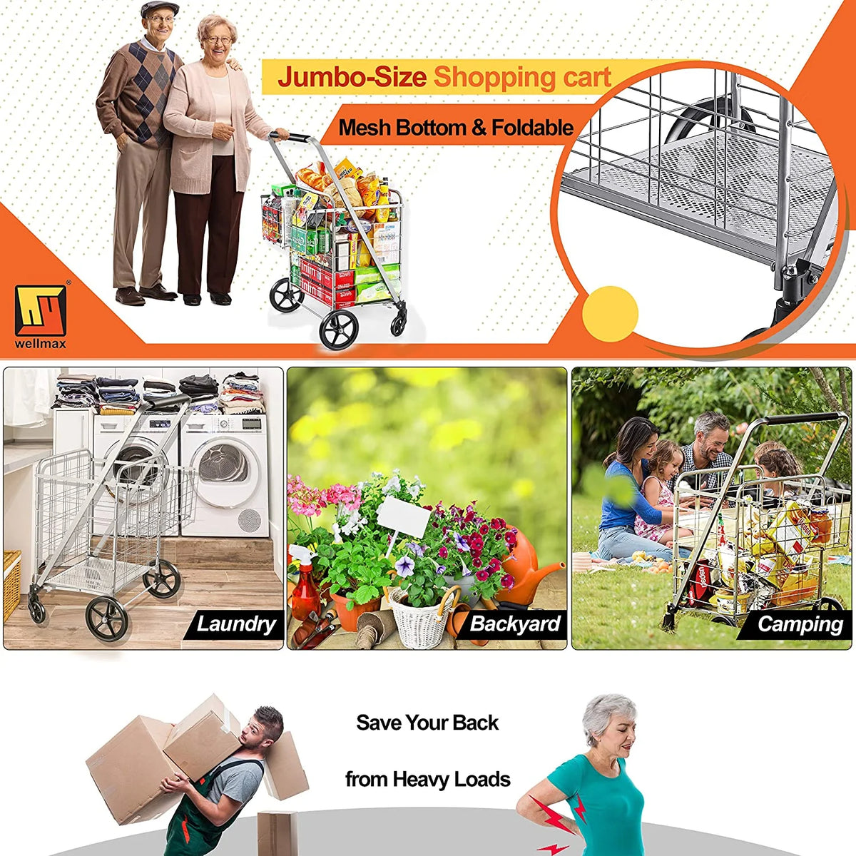 Wellmax Folding Metal Grocery Shopping Cart With Wheels, 31 x 24.5 x 40 Inches - WM99028S