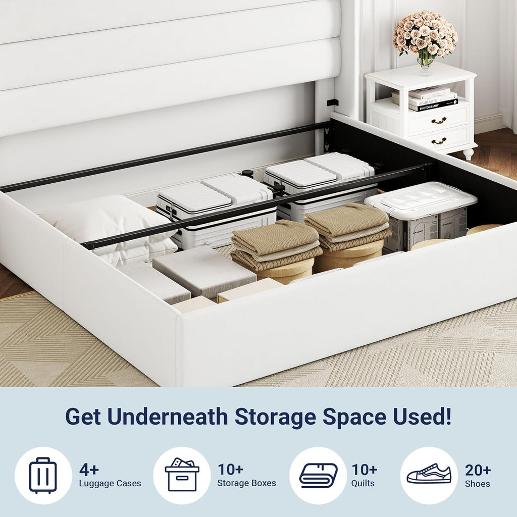 Queen Size Lift-Up Storage Bed With Wingback Headboard, Upholstered Platform Bed Frame With Hidden Storage