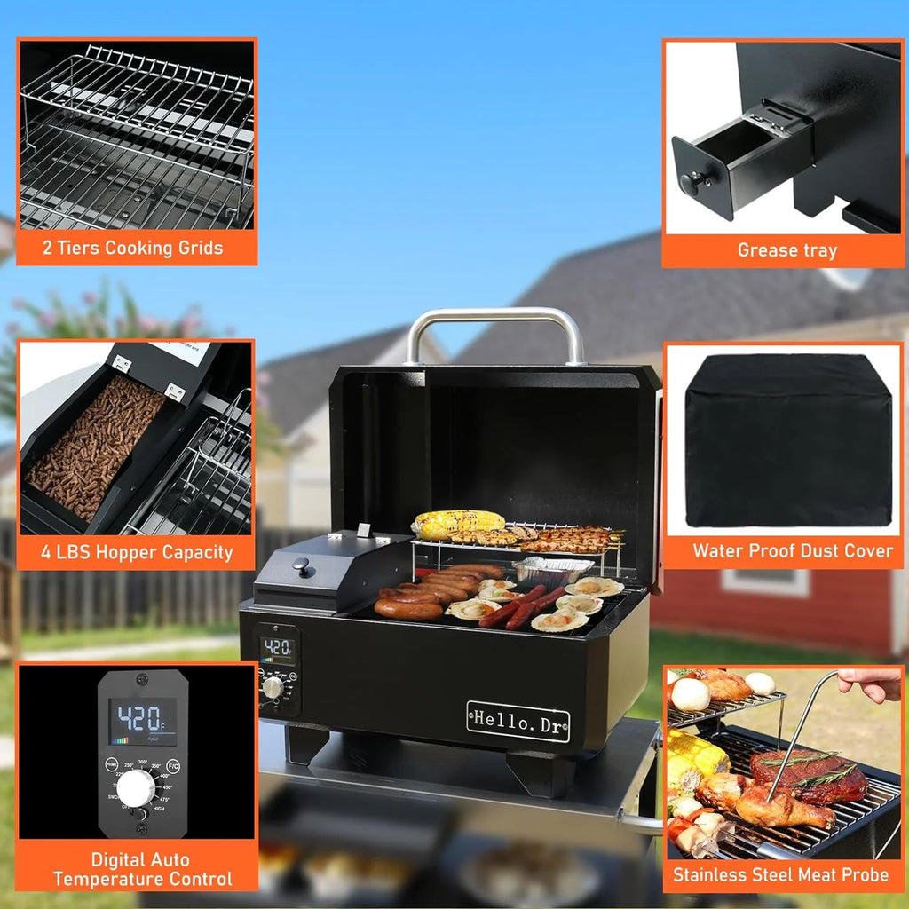 Hello.Dr Portable Wood Pellet Grill And Smoker, 8-In-1 Tabletop, Black - B0BWGXFY9H