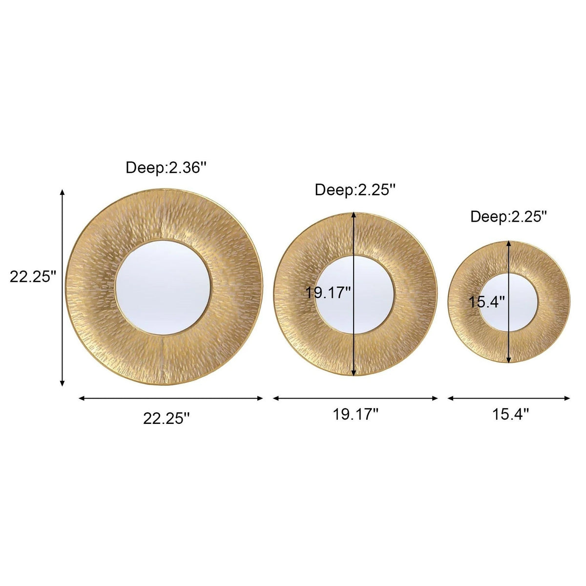 3-Piece Gold Metal Round Wall Mirror Set - 22.25" x 2.36", 19.7" x 2.25", 15.4" x 2.25"