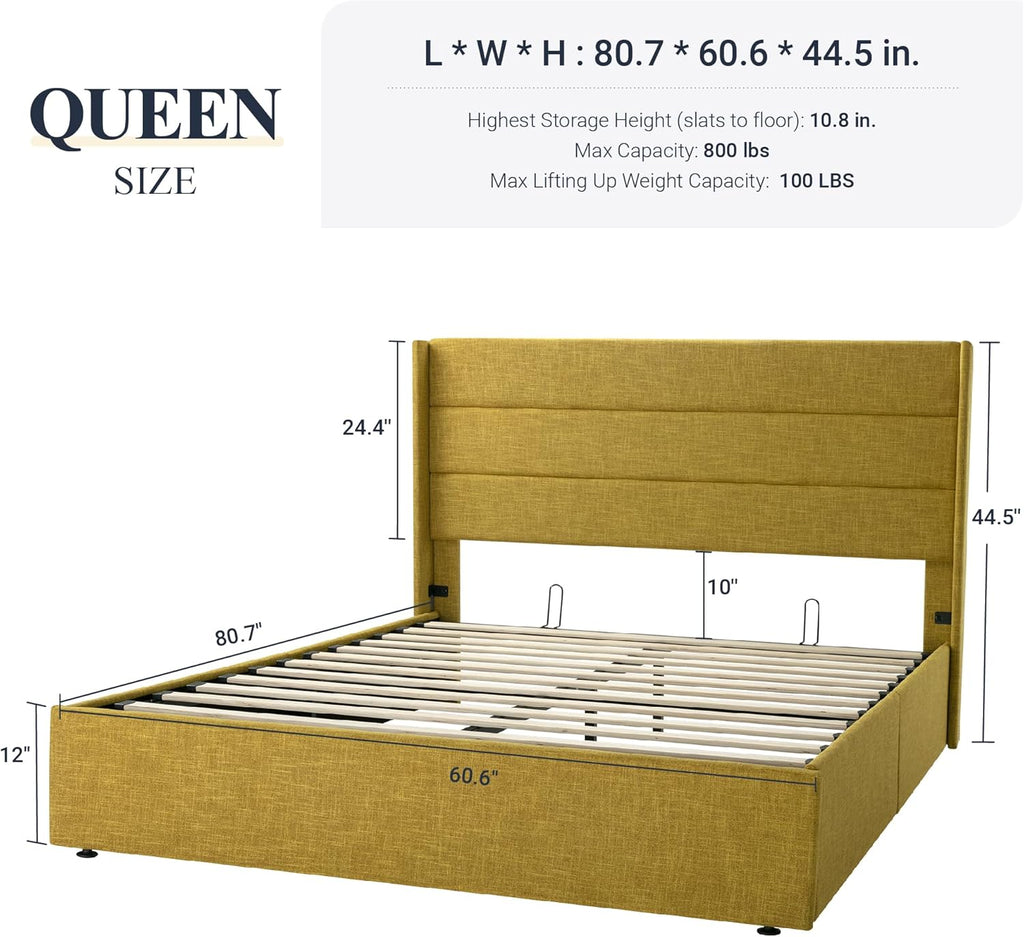 Queen Size Lift-Up Storage Bed With Wingback Headboard, Upholstered Platform Bed Frame With Hidden Storage