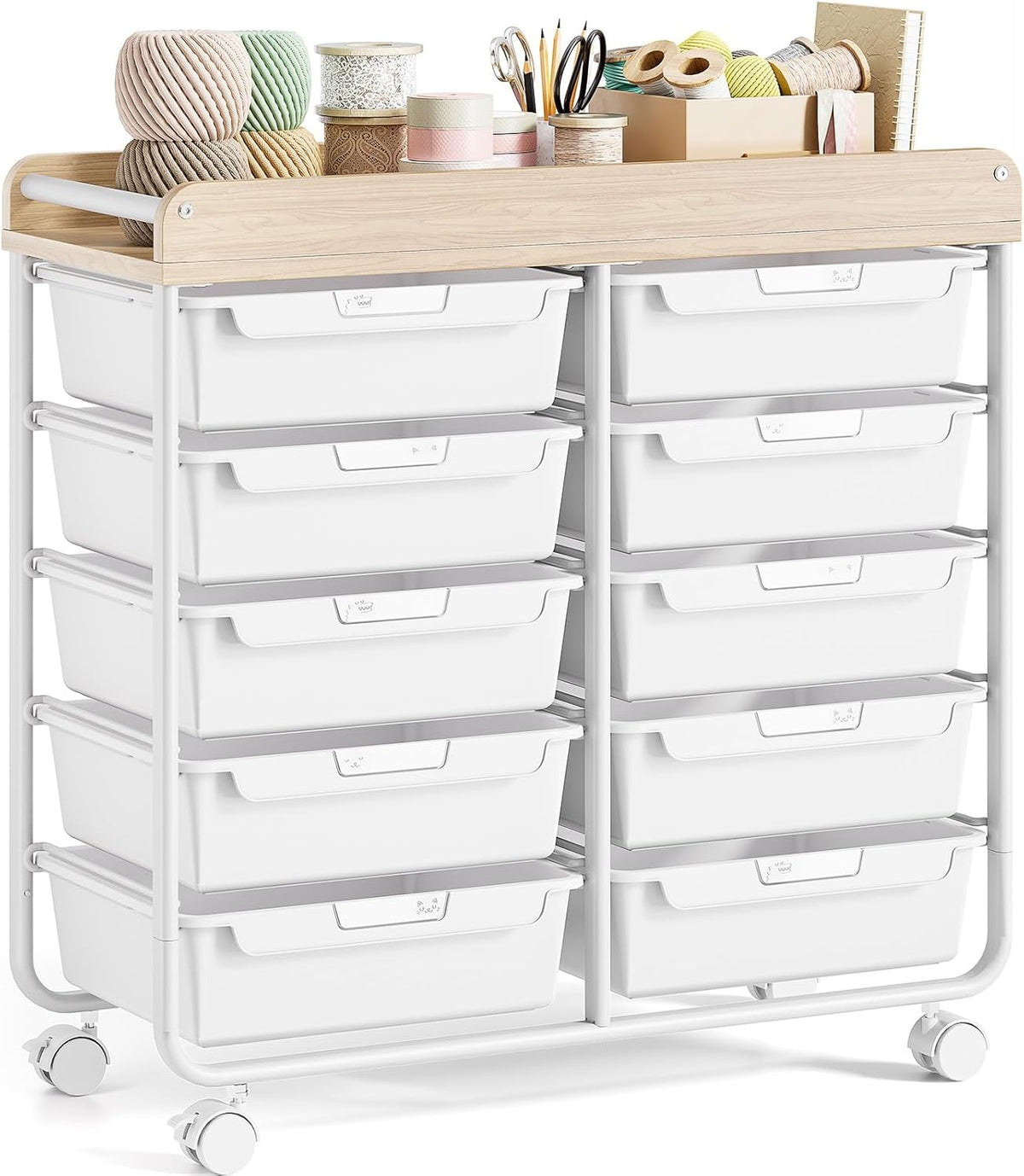 Rolling Storage Cart With 10 Large Drawers And Wooden Tabletop - Green