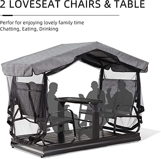 Purple Leaf 4-Person Outdoor Glider Bench Set With Glass Table, 6.1 Feet x 7.3 Feet x 3.7 Feet