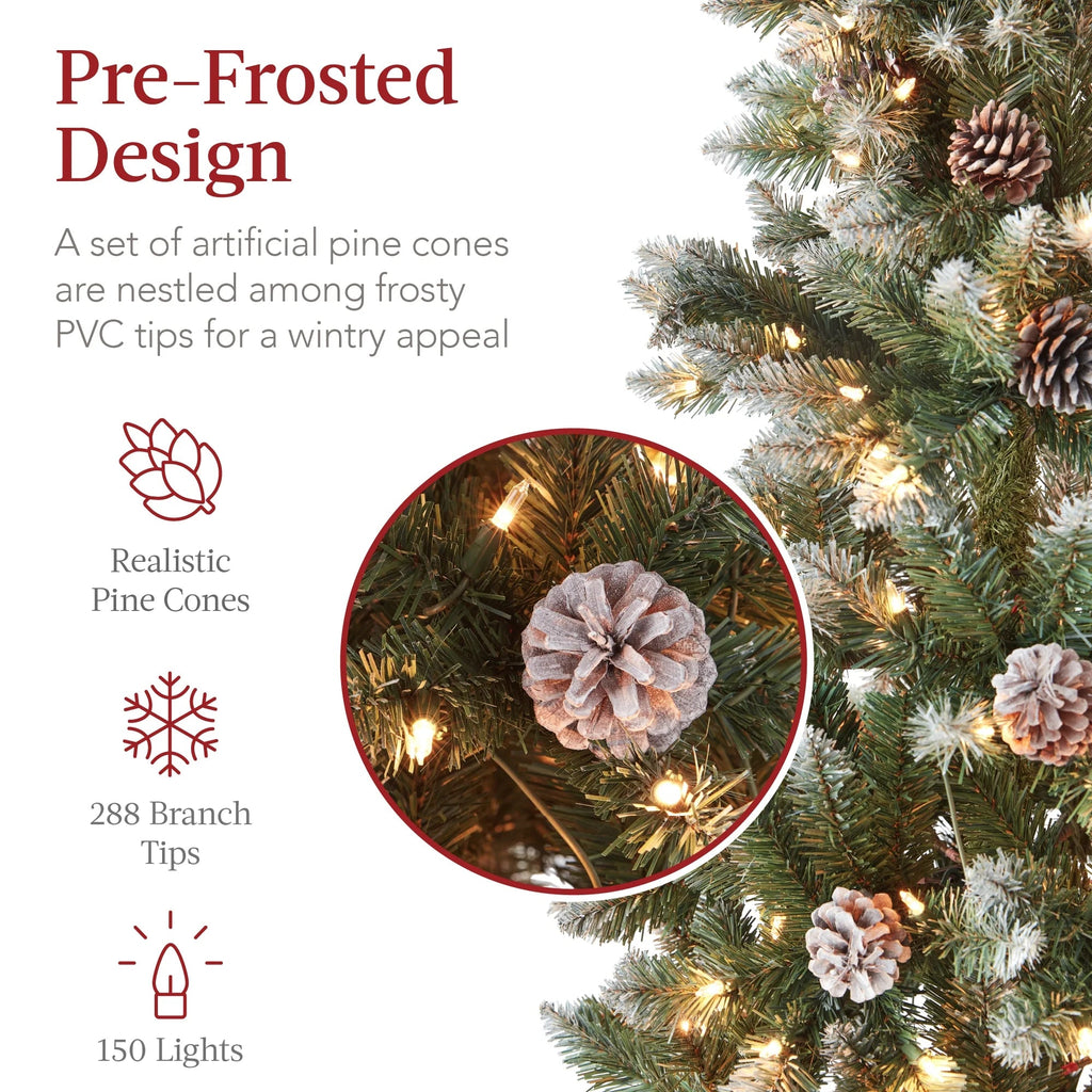 Best Choice Products 6ft Pre-Lit Partially Flocked Pencil Christmas Tree With 250 Lights And Pine Cones
