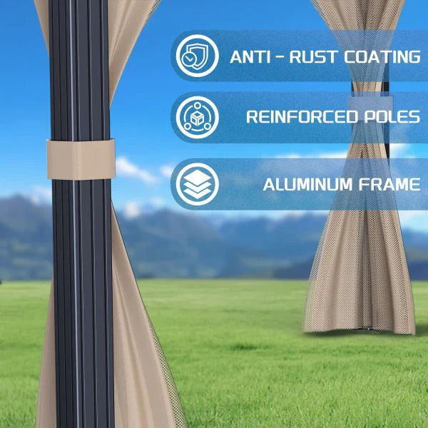 10x10 Hardtop Gazebo With Double Metal Roof, Aluminum Frame, Net And Curtain - Khaki
