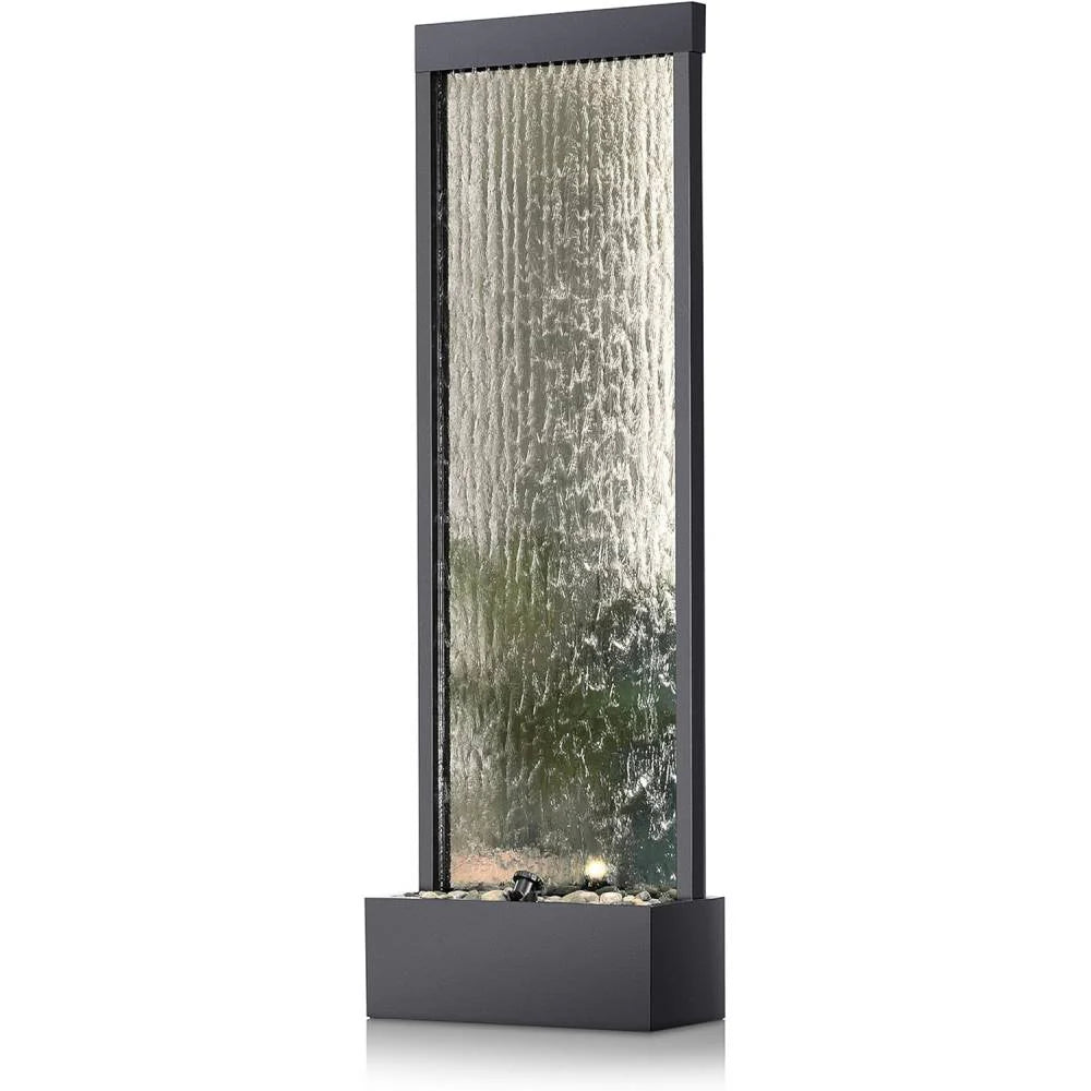 Alpine Corporation Wall-Mounted Mirror Waterfall Fountain With Stones And LED Lights, 24in L x 10in W x 72in H, Silver