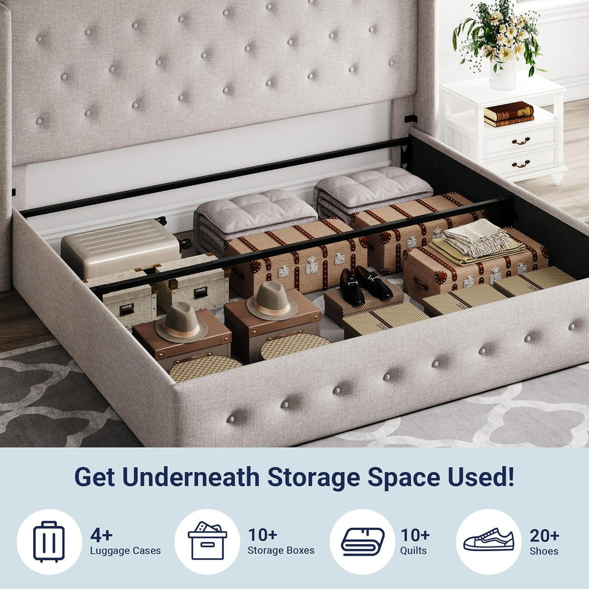 Queen Size Lift-Up Storage Bed With Wingback Headboard, Upholstered Platform Bed Frame With Hidden Storage