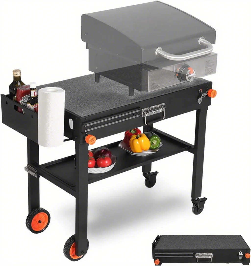 Portable Outdoor Folding Grill Table Cart With Paper Towel Holder, 17.5 in D x 31 in W x 28.3 in H - Model 39