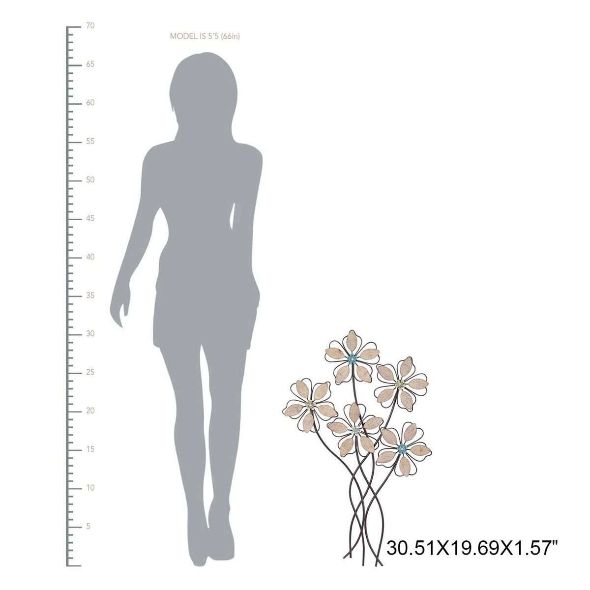 Metal Wall Decor With 5 Flowers, Iron, 19in L x 1.5in W x 30.75in H