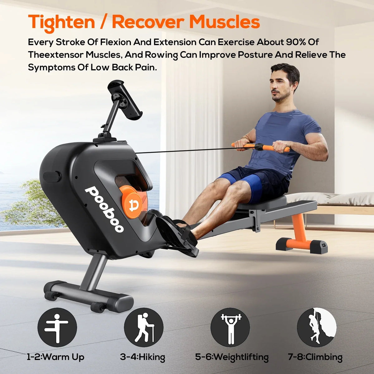 Pooboo Magnetic Rowing Machine, Foldable, 8-Level Resistance, 350lb Capacity