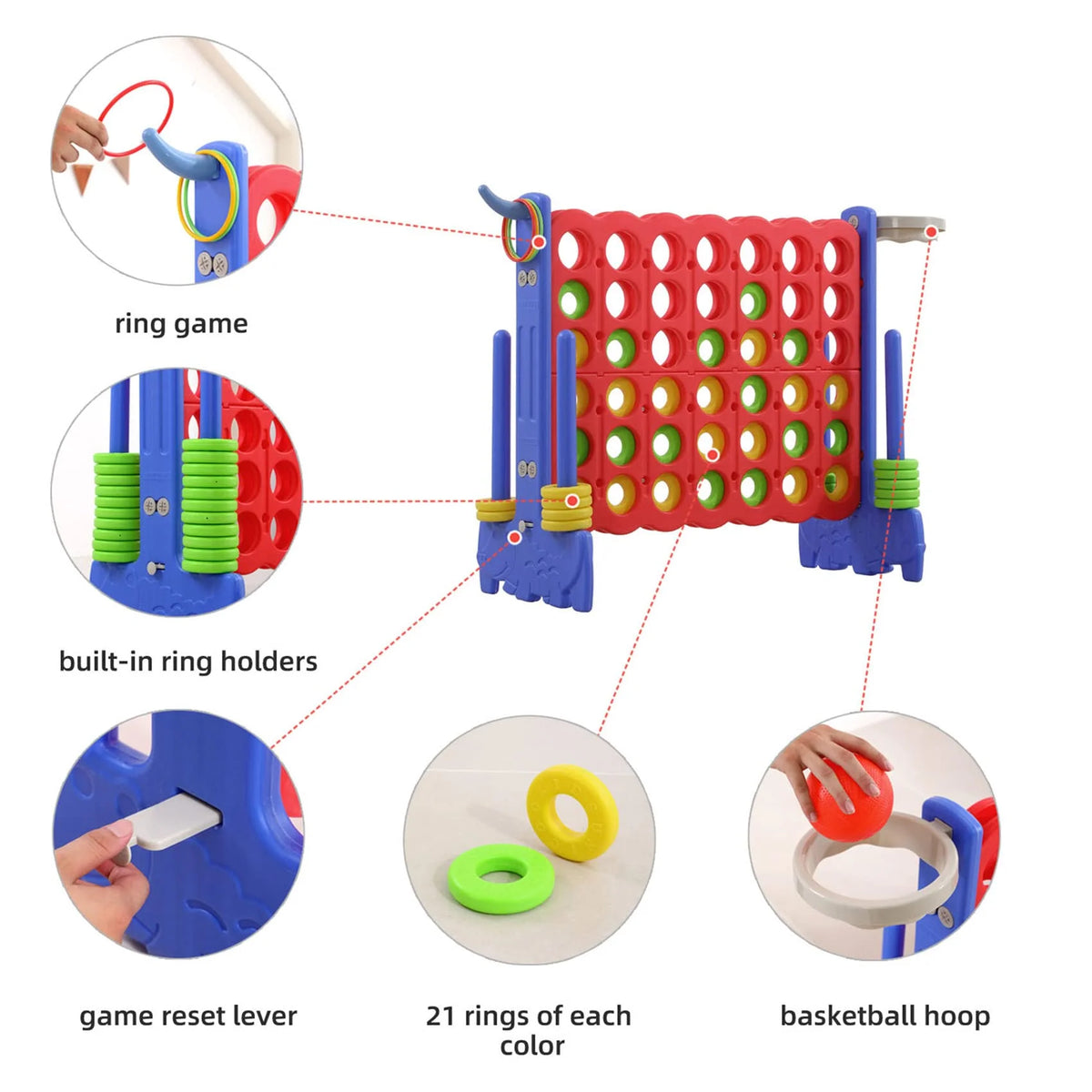 UNICOO 3-in-1 Giant 4 in a Row, Basketball Hoop and Ring Toss Game - Red + Blue