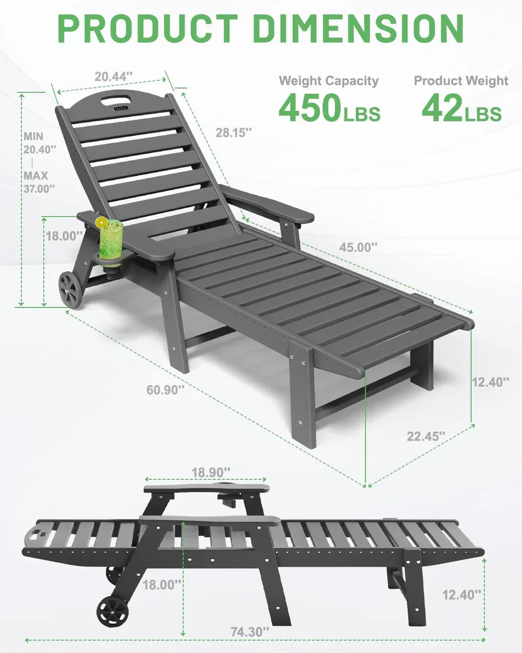 SUUNYN HDPE 6-Position Outdoor Chaise Lounge Chair With Wheels And Cup Holder - Teak