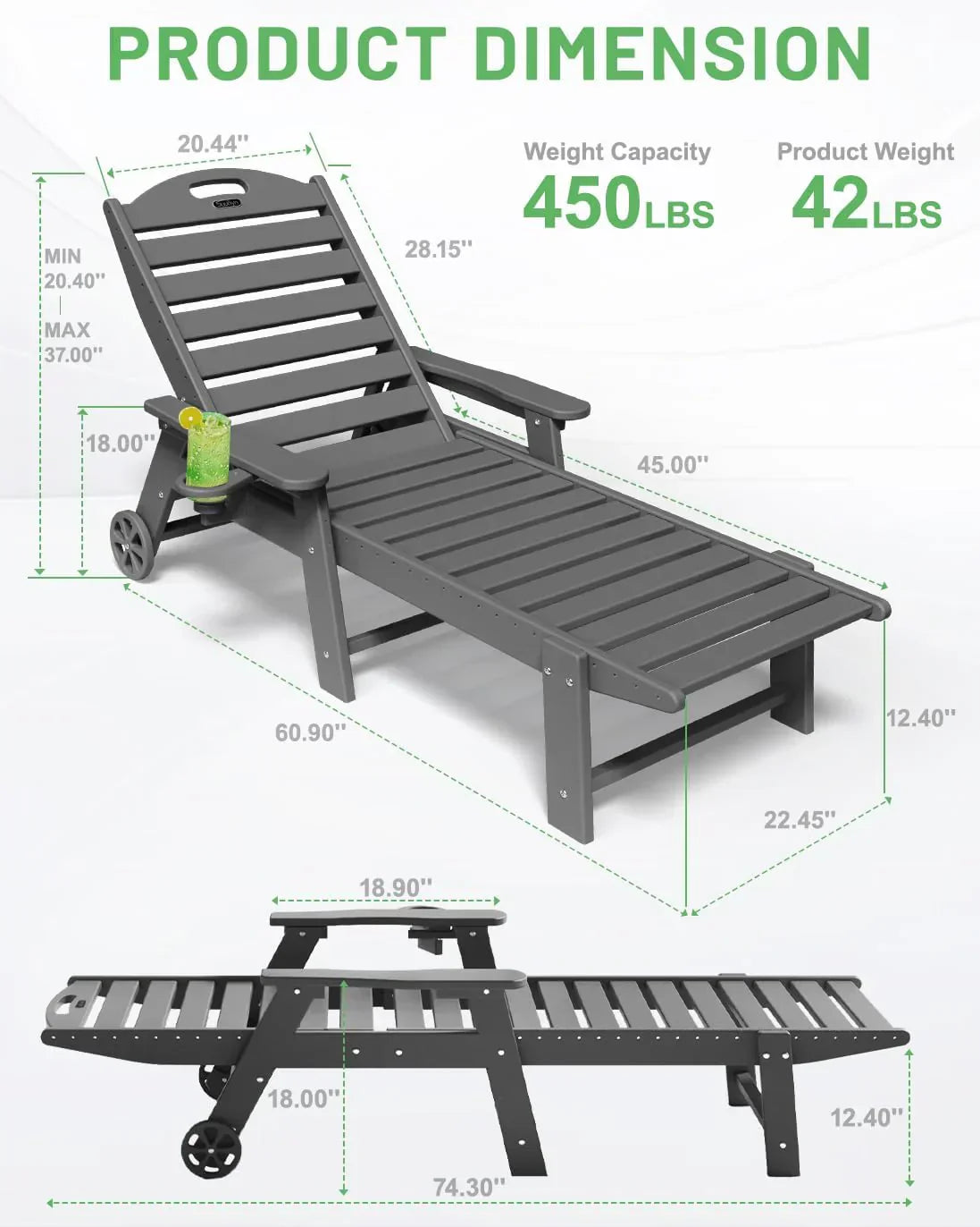 SUUNYN HDPE 6-Position Outdoor Chaise Lounge Chair With Wheels And Cup Holder - Teak