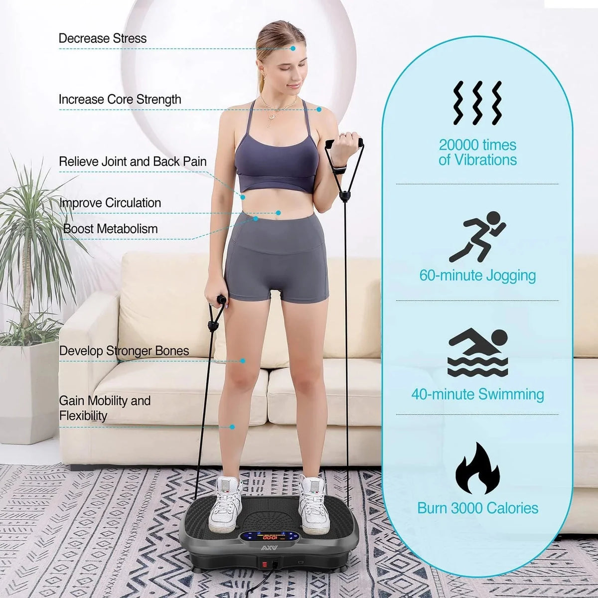 AXV Vibration Plate Fitness Platform, Gray, 2 Resistance Bands - Slim-Gray