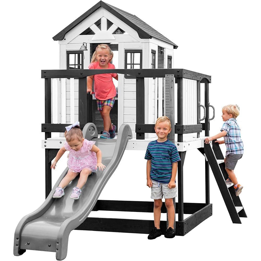 Backyard Discovery White Elevated Cedar Wooden Kids Playhouse With 6-Foot Wave Slide - Sweetwater Heights