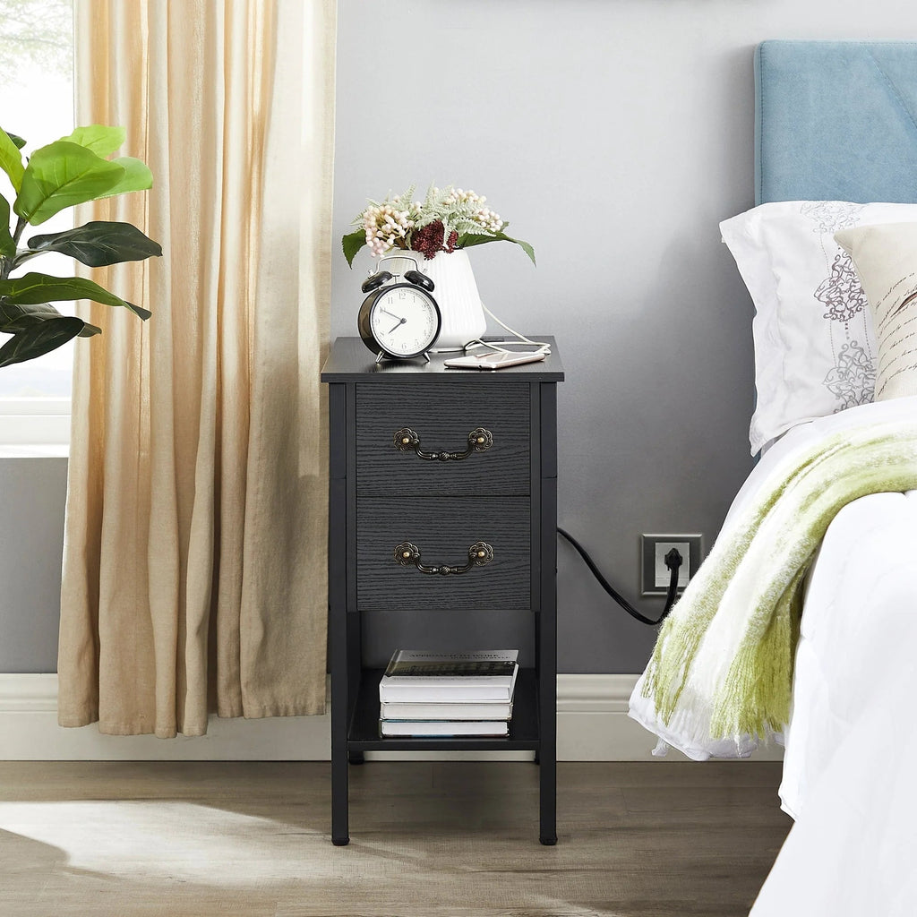 Narrow End Table With Charging Station, 2 Drawers, 19.6 in L x 11.8 in W x 23.6 in H, Gray/Black - 1-pcs / 2-pcs