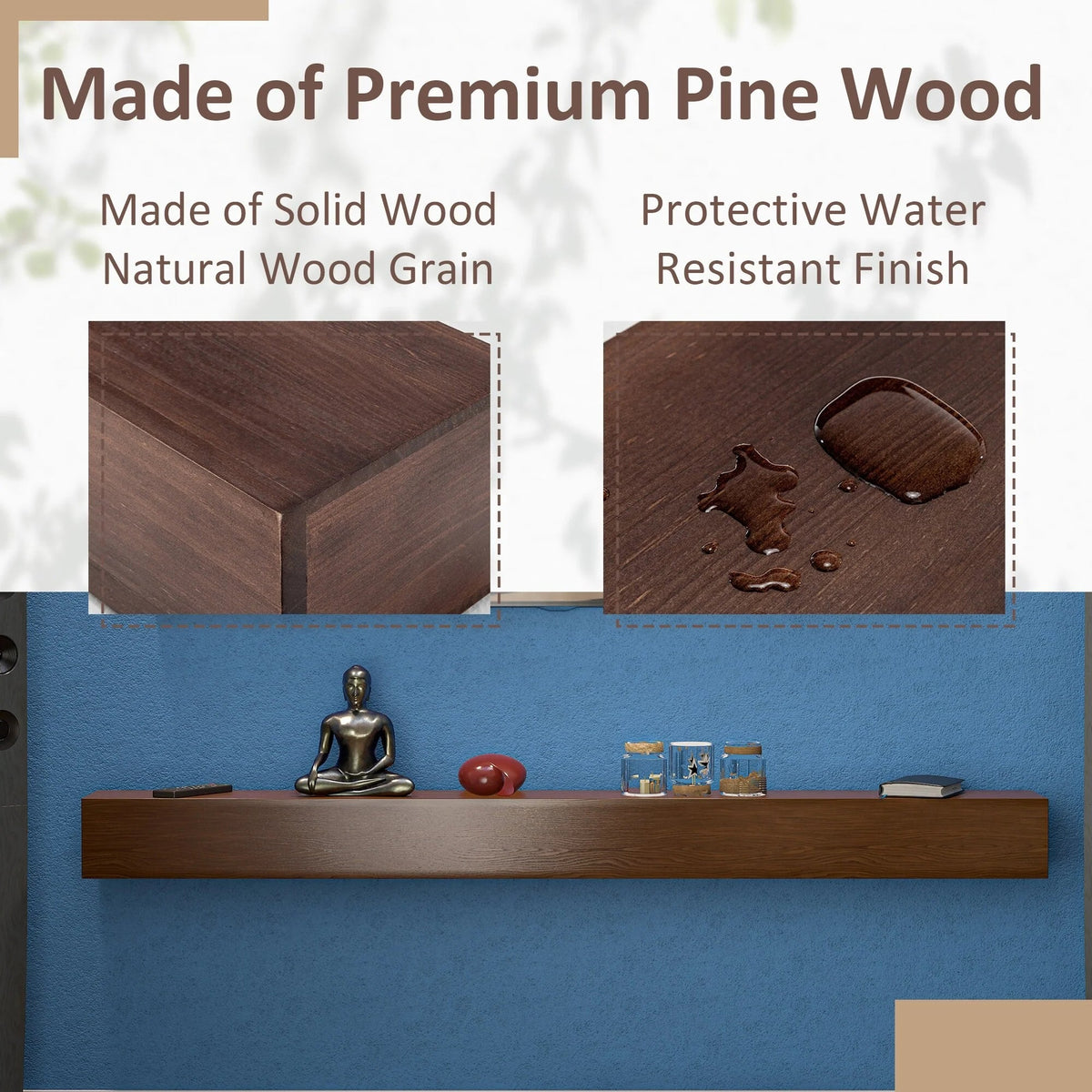 72 Inch Solid Pine Fireplace Mantel Wall-Mounted Floating Shelf - Brown