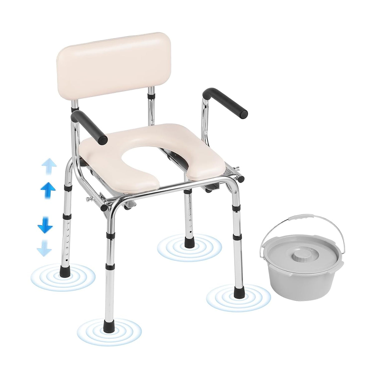 Vevor Bedside Commode Chair With Padded Seat, Drop-Down Arms, 350 lbs Capacity, 7-Level Adjustable Height