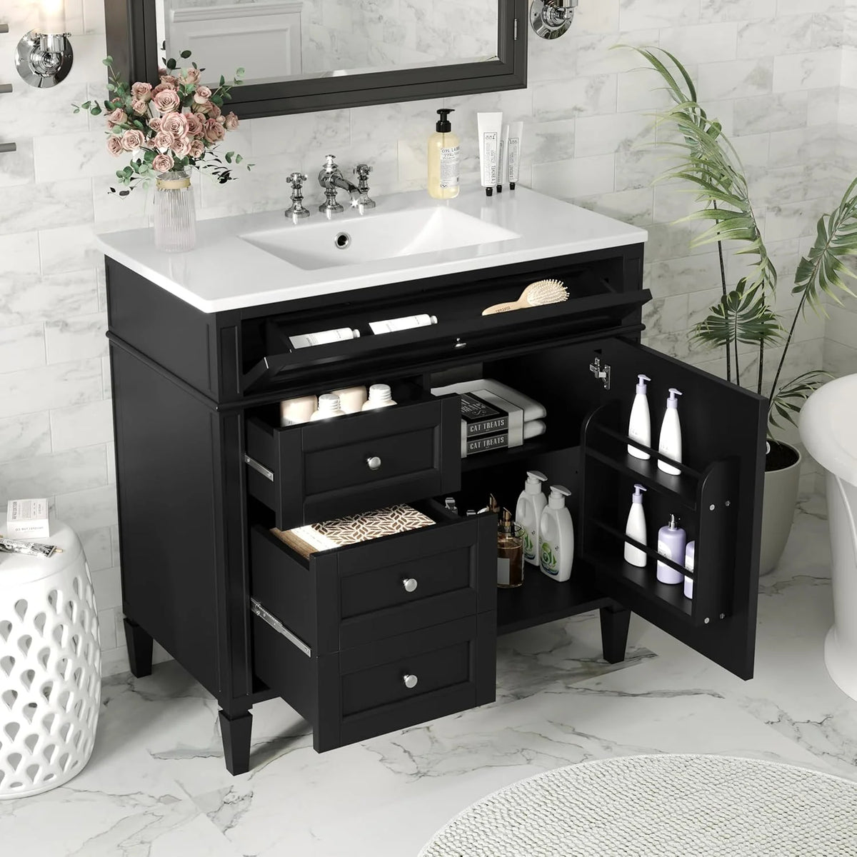 36 Inch Black Bathroom Vanity With Single Sink, 2 Drawers, Solid Wood Frame