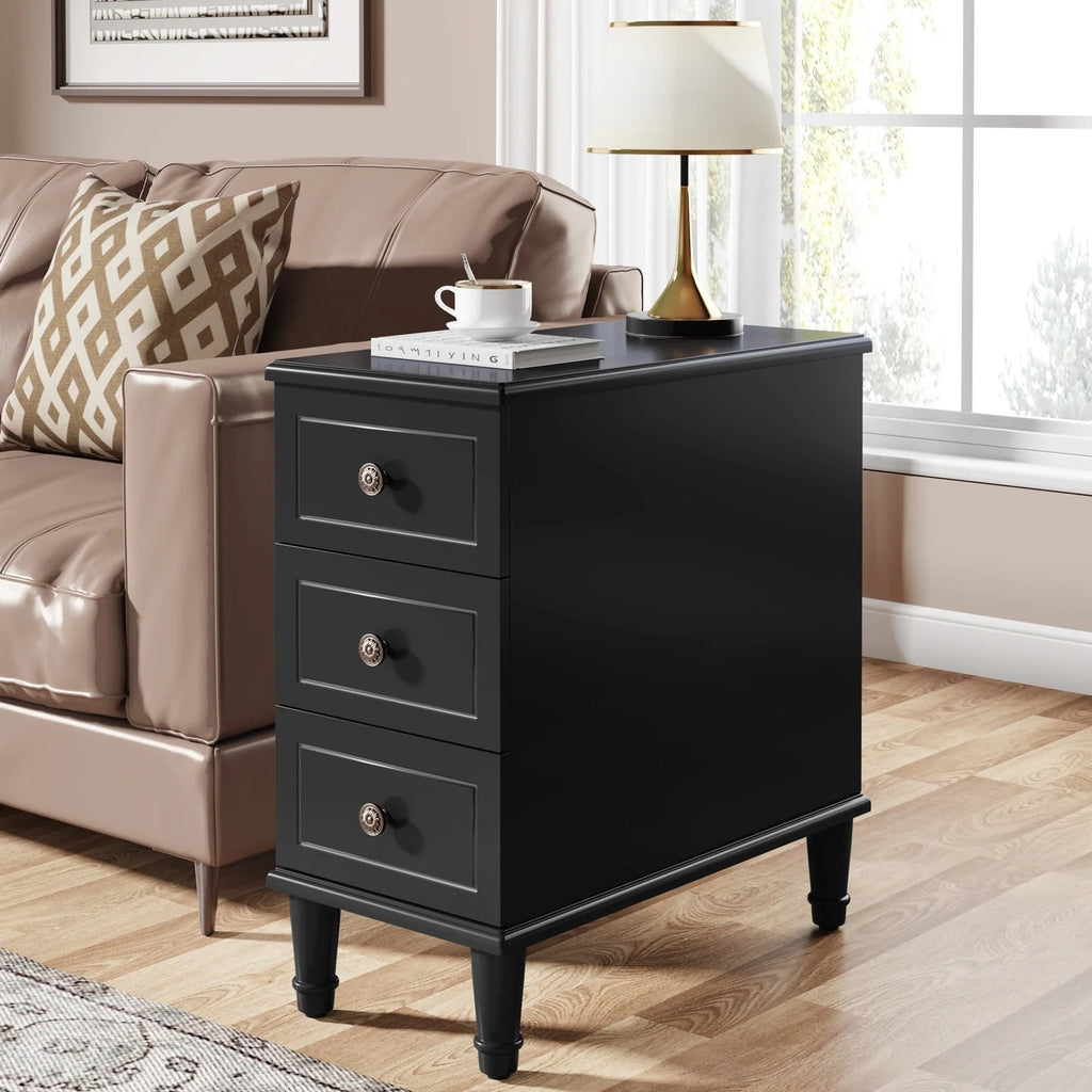 Solid Wood Narrow End Table With 3 Drawers - Fully Assembled