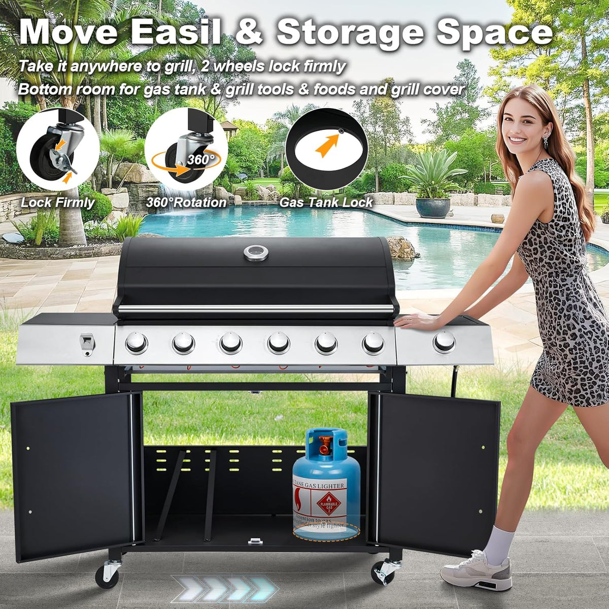 MELLCOM 4 Burner Propane Gas Grill With Cast Iron Grates And Side Stove, 44,000 BTU, Black - BBQ-4+1