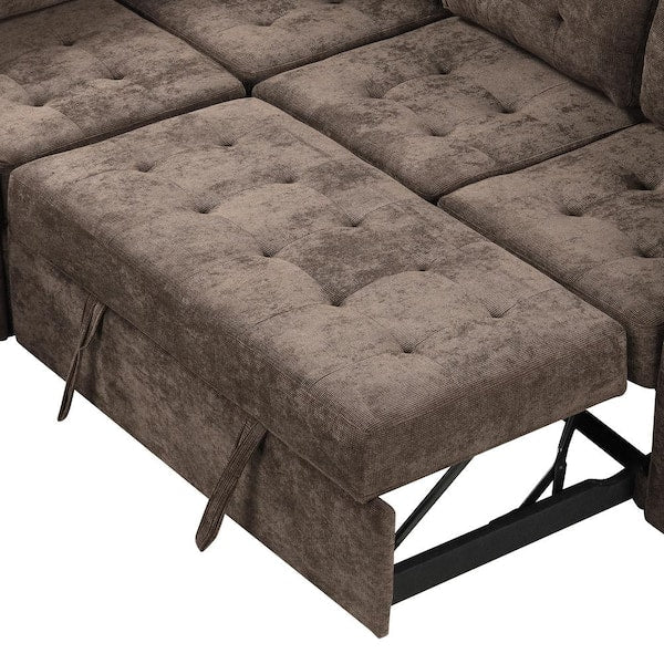 82.6 in L-Shaped Corded Velveteen Sectional Sleeper Sofa, Brown, USB Ports And Power Sockets - 82.6 in W x 82.6 in D x 33 in H