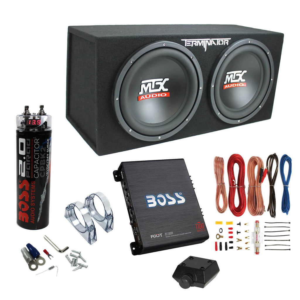 MTX Terminator Dual 12-Inch Loaded Subwoofer System With Boss Audio 1100W Mono Amplifier, Wiring Kit And 2-Farad Capacitor - R1100M