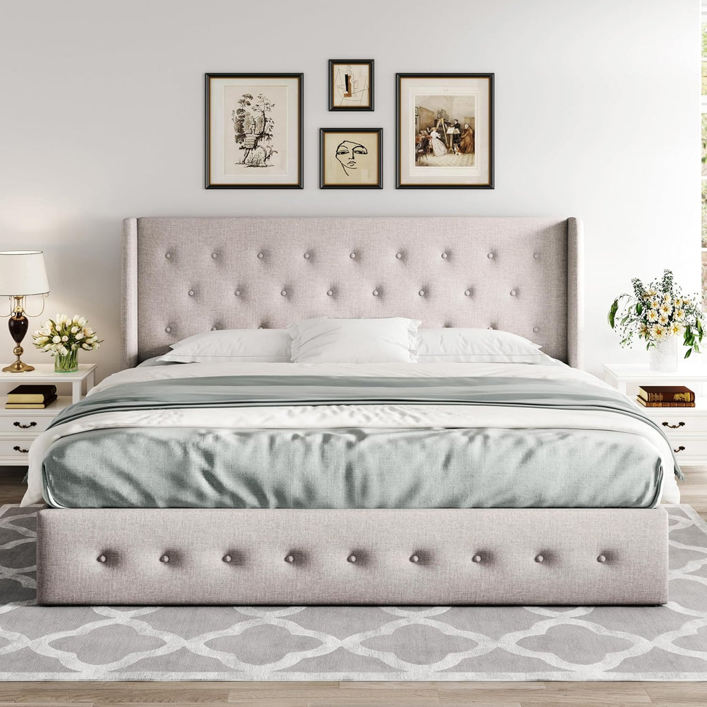 Queen Size Lift-Up Storage Bed With Wingback Headboard, Upholstered Platform Bed Frame With Hidden Storage