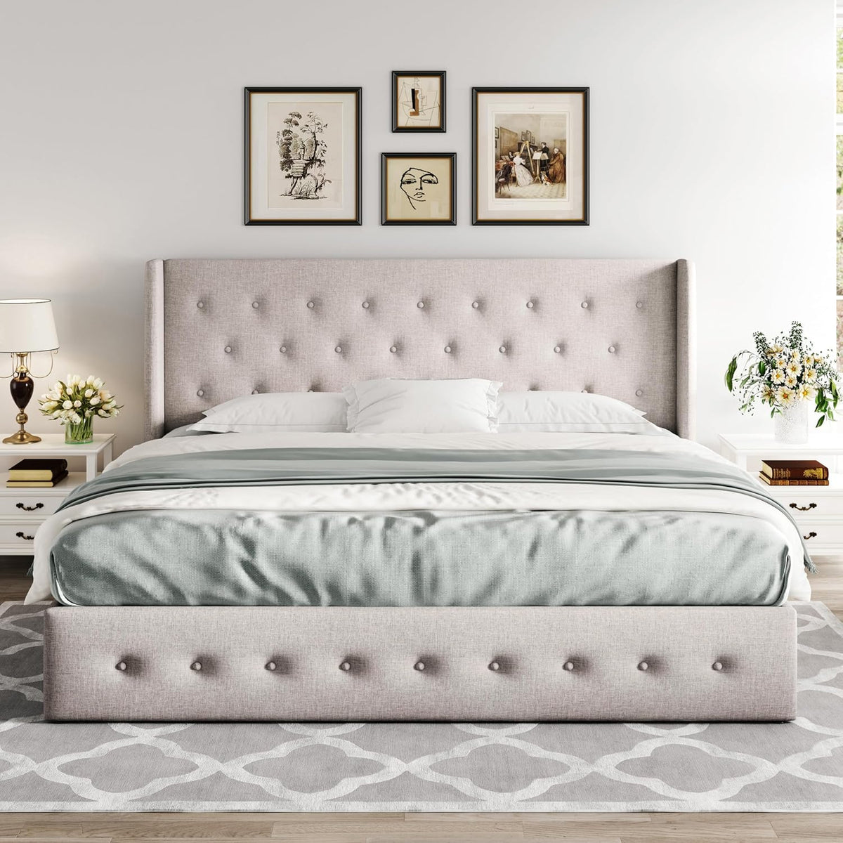 Queen Size Lift-Up Storage Bed With Wingback Headboard, Upholstered Platform Bed Frame With Hidden Storage