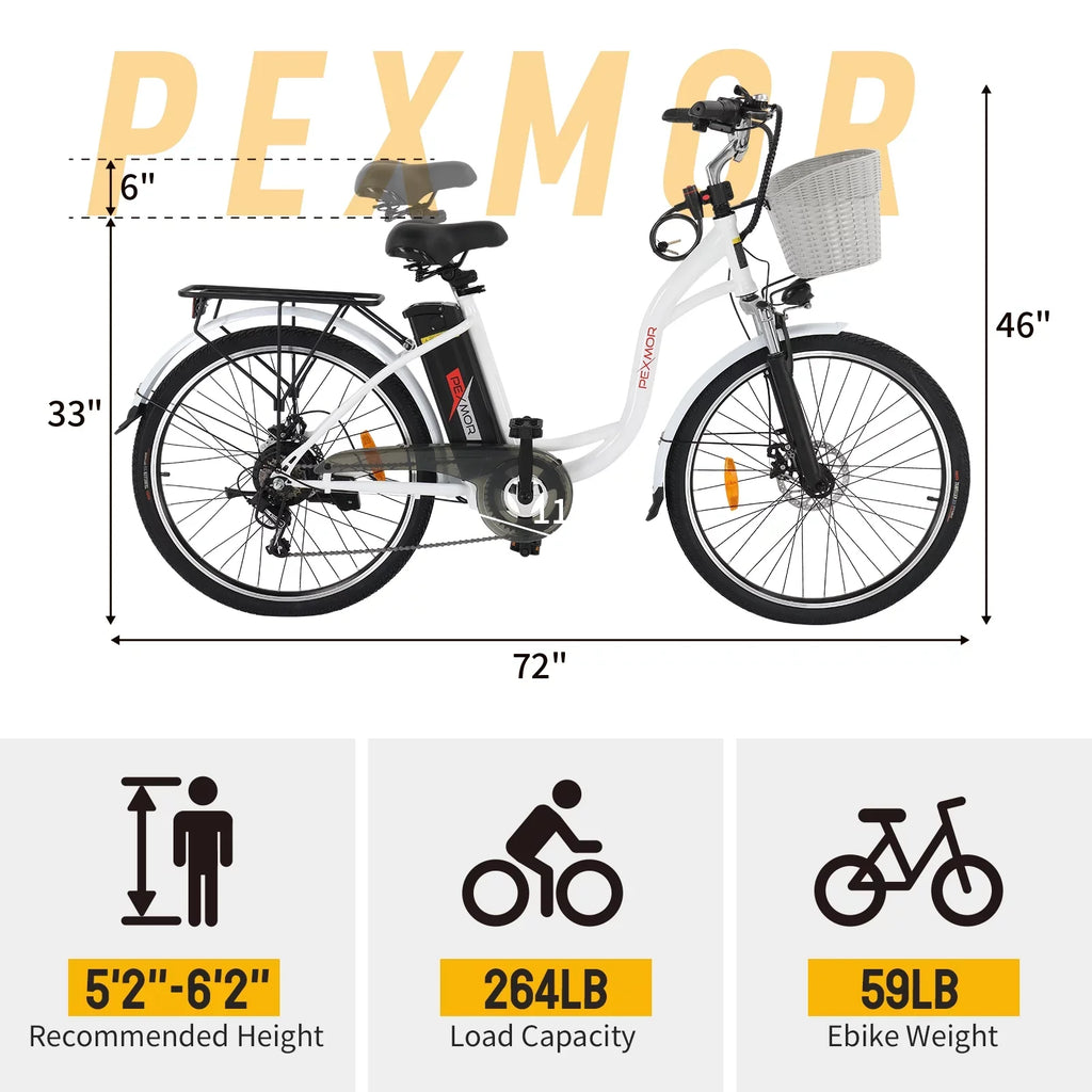 PEXMOR Adult Electric Bike 350W Peak 500W 36V 12.5AH 26in Cruiser