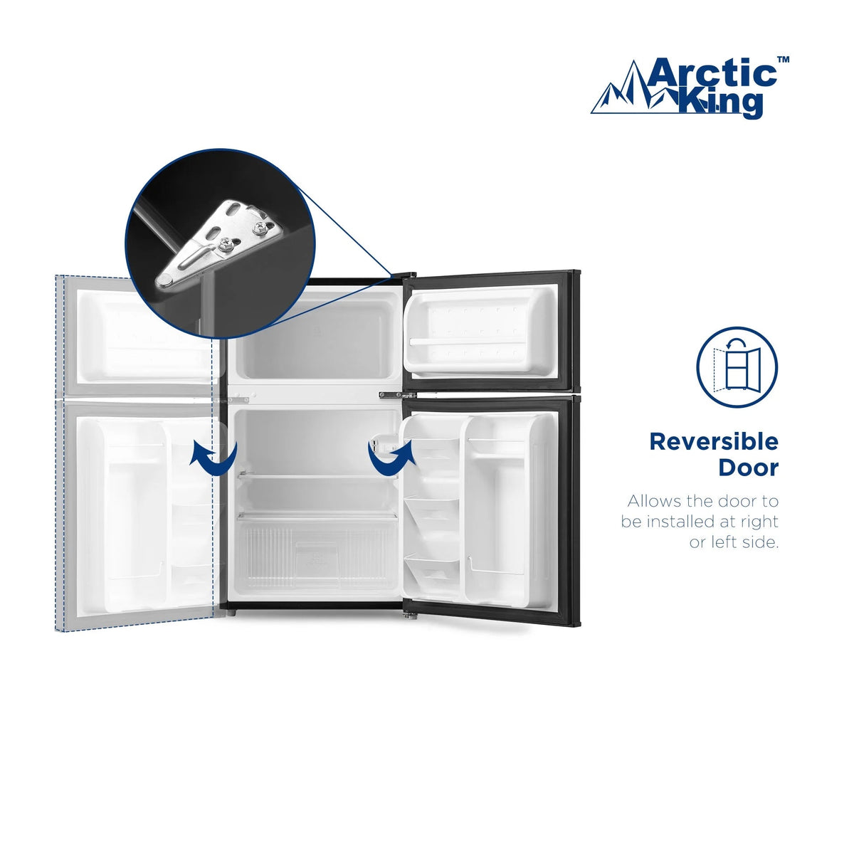 Arctic King Two-Door Mini Fridge With Freezer, 3.2 Cu ft, 18.5 in x 19.4 in x 33.3 in, Stainless Steel - E-Star