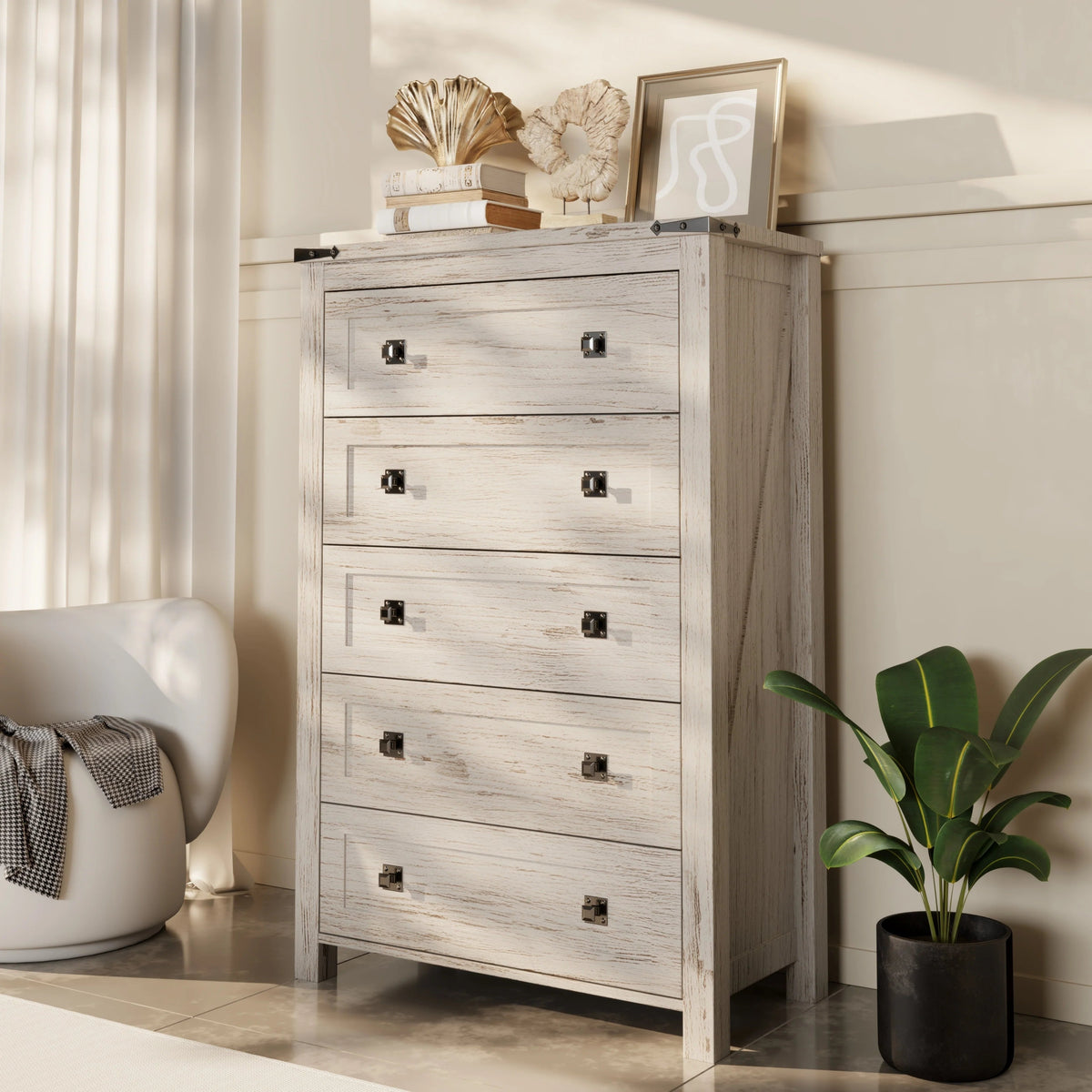 Farmhouse Engineered Wood 5-Drawer Dresser, 15.75in D x 31.25in W x 48in H