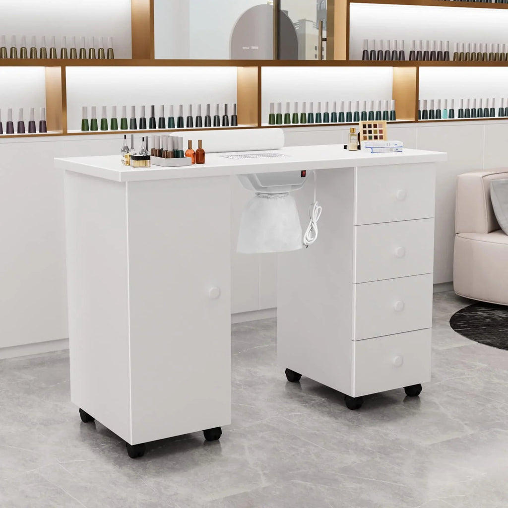 OmySalon Manicure Table Nail Desk With Electric Dust Collector, 4 Drawers, 3-Layer Cabinet