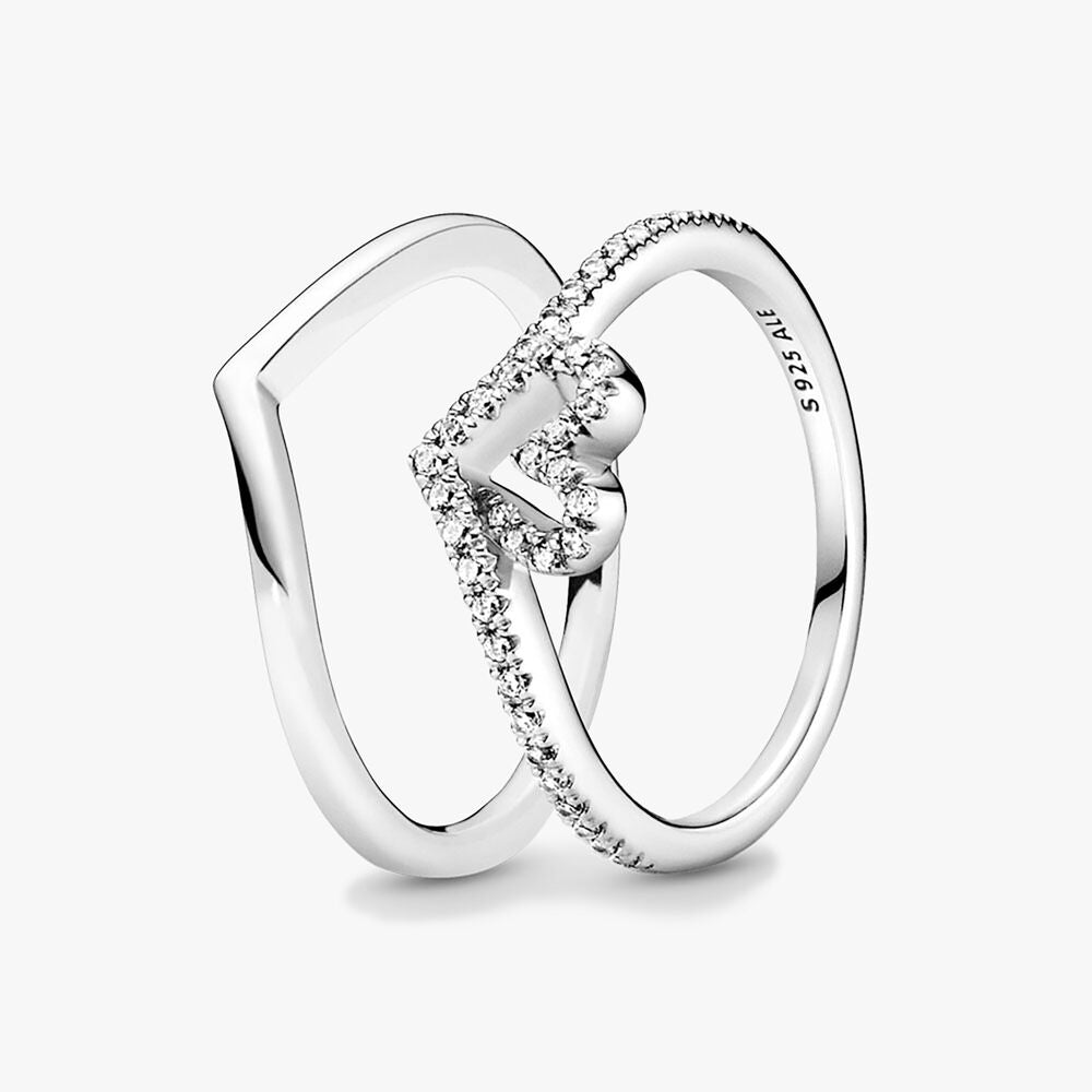 Sparkling Wishbone Heart Ring Set