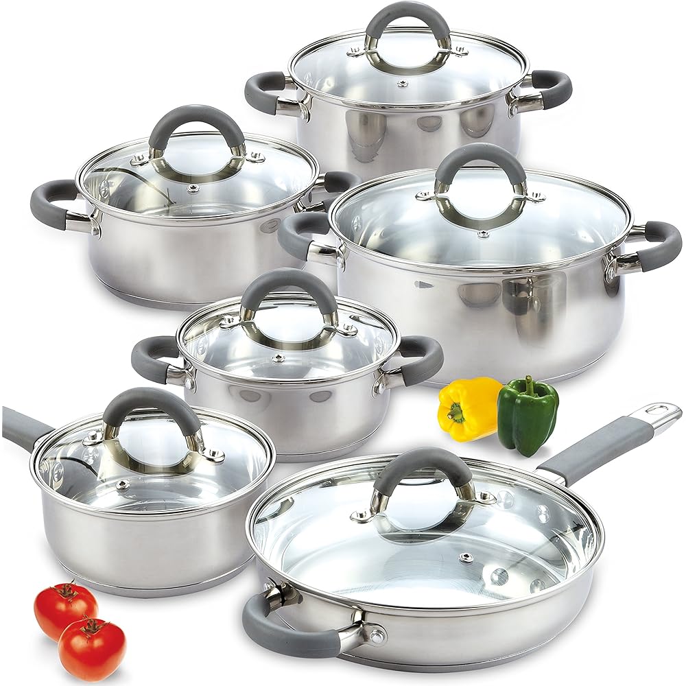 Cook N Home Stainless Steel Cookware Set, 12-Piece, Grey Silicone Handles