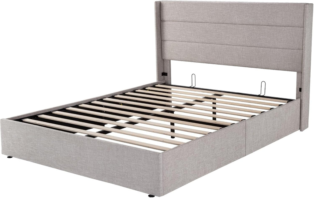 Queen Size Lift-Up Storage Bed With Wingback Headboard, Upholstered Platform Bed Frame With Hidden Storage