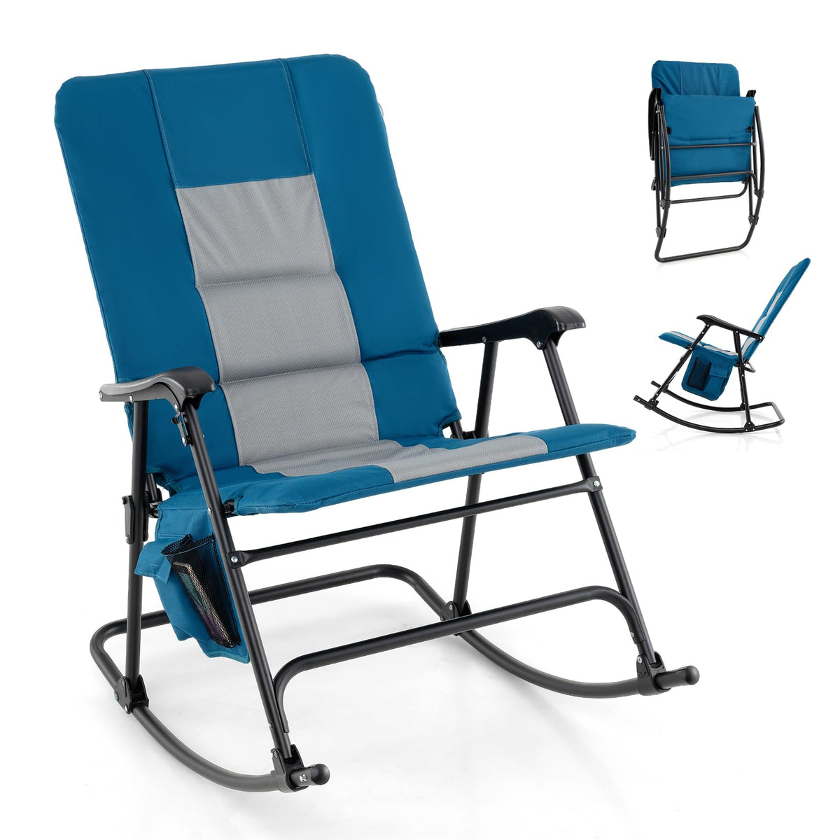 Oversized Folding Rocking Chair With Padded Seat, Metal Frame And Side Pocket