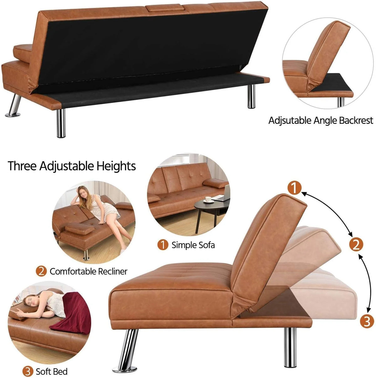 Yaheetech Convertible Faux Leather Sofa Bed, 3 Angles, 772lb Capacity, Black