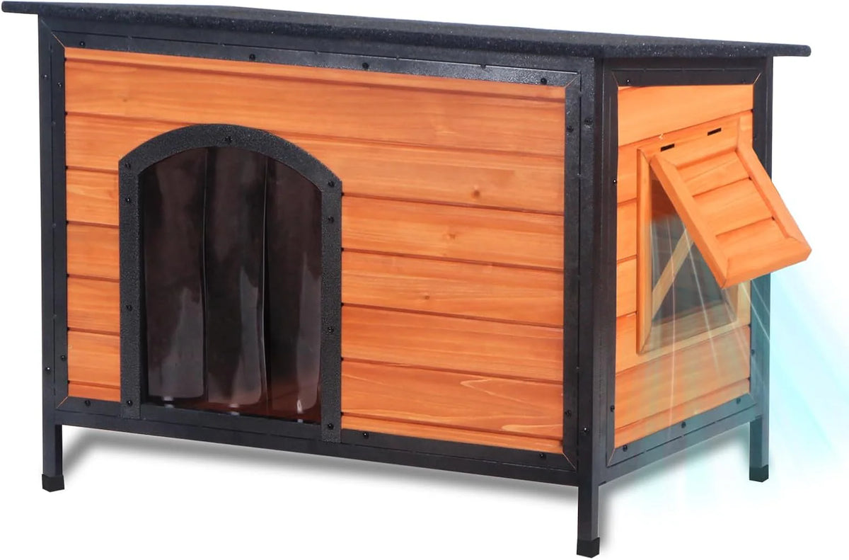 43.3-Inch L-Shaped Outdoor Insulated Dog House, Brown