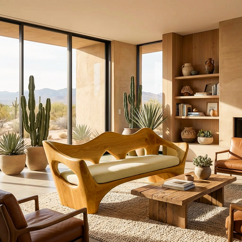 Artistic Wooden Sofa With Curved Backrest For Home Space