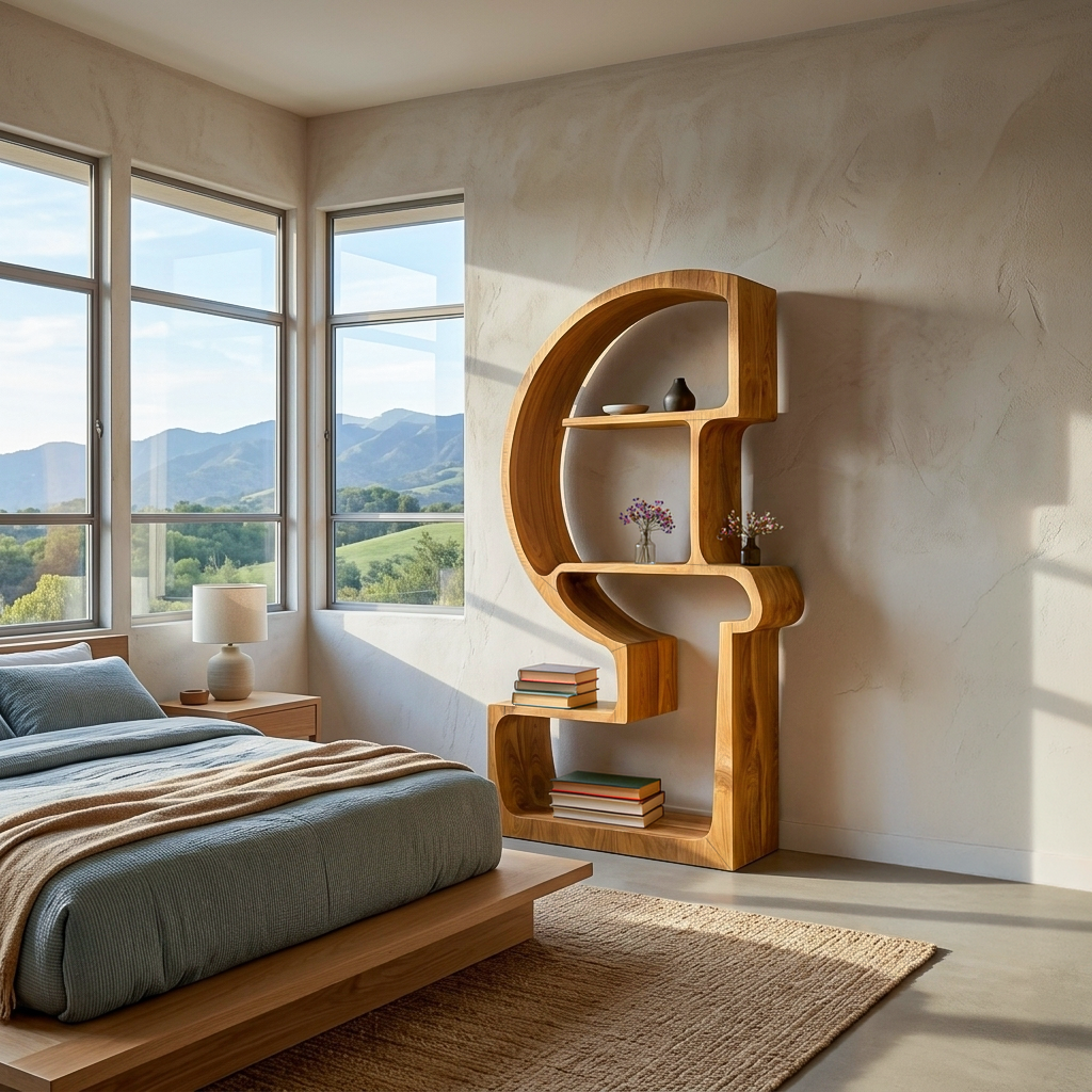 Artistic Wooden Bookshelf With Unique Curved Structure For Home