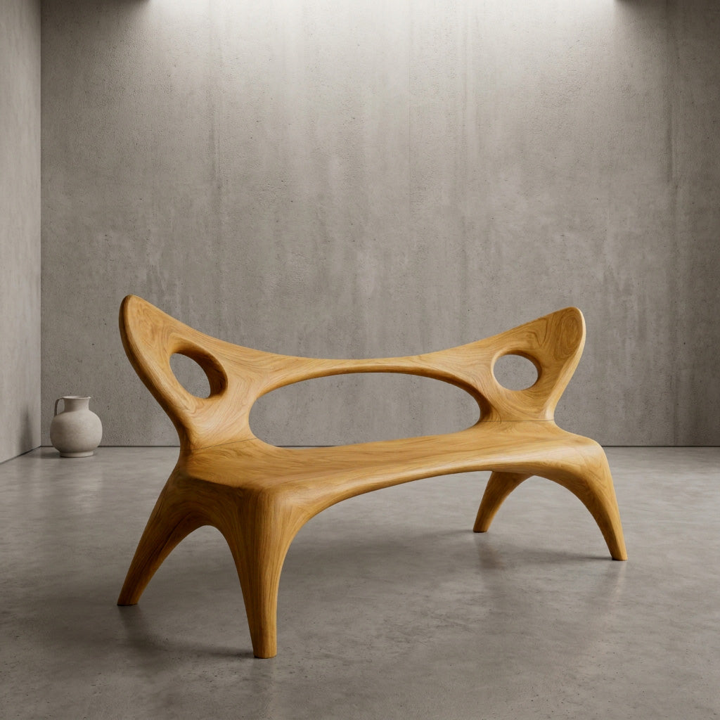 Artistic Wood Bench With Sculptural Backrest For Living Room