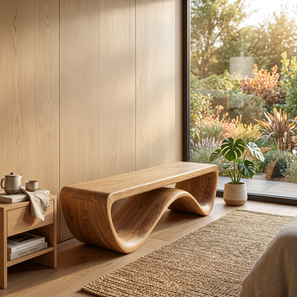 Artistic Wooden Bench With Unique Flowing Base For Modern Home